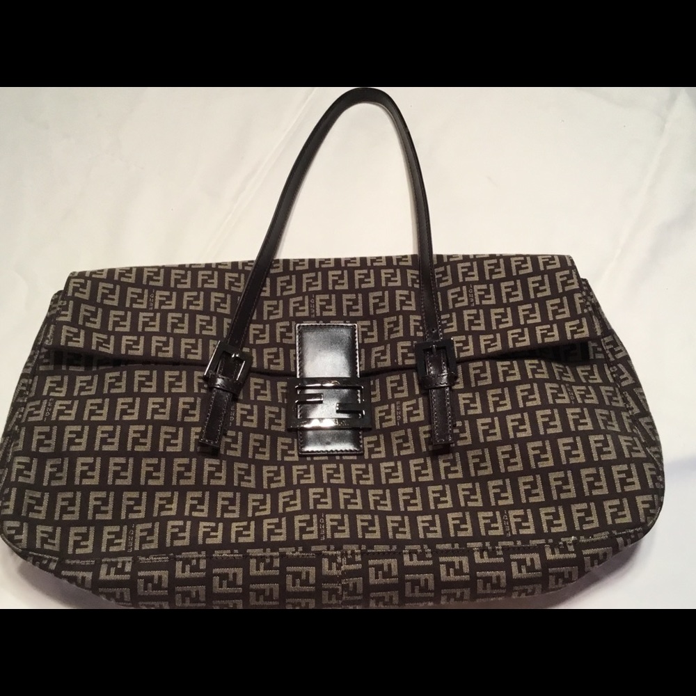 Fendi Zucca Chocolate  Canvas Leather Trim Shoulder Bag